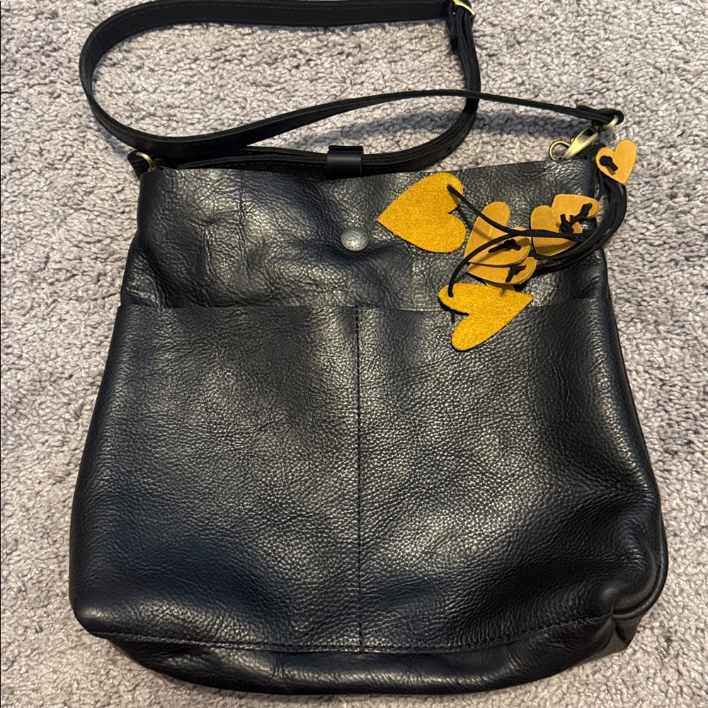 Black pebbled Leather 852leathershop Stevie with sueded hearts and leather strap